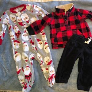 Carter’s Fleece Santa footed onesie Buffalo plaid Red set
